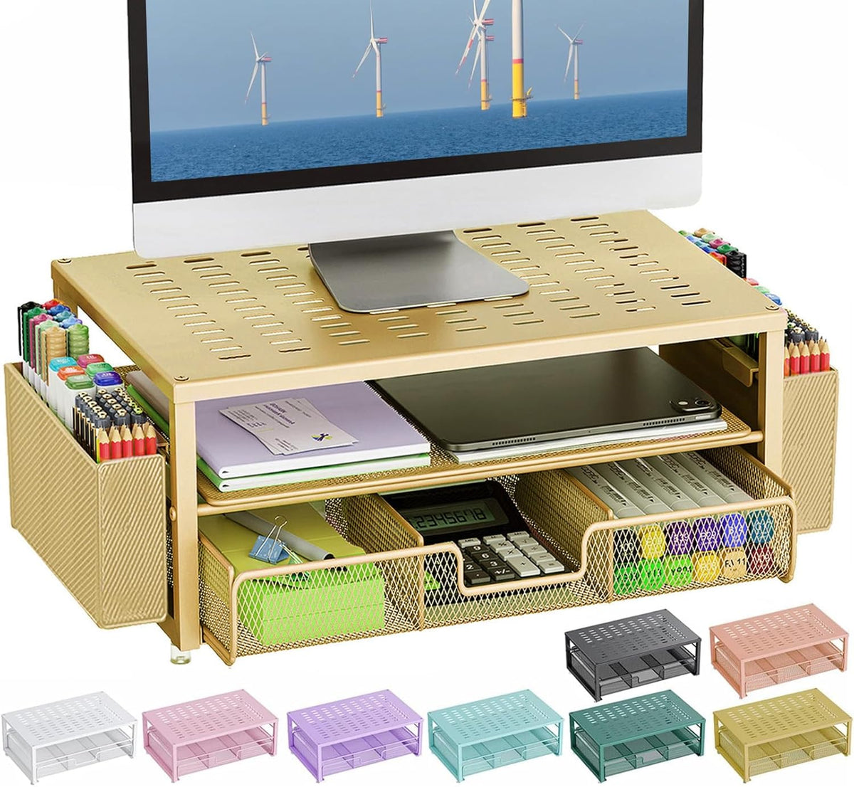 gianotter Desk Organizers and Accessories, Monitor Stand with Drawer and 2 Pen Holder, Desktop Organizer Suitable for Offices and Dormitories (Gold)