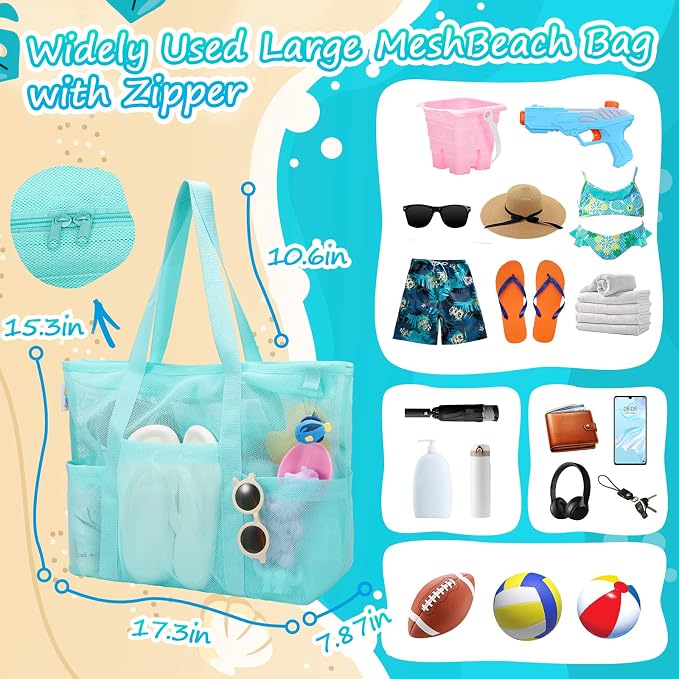 Tagitary Mesh Beach Bag with Zipper Large Beach Tote Waterproof Sandproof with