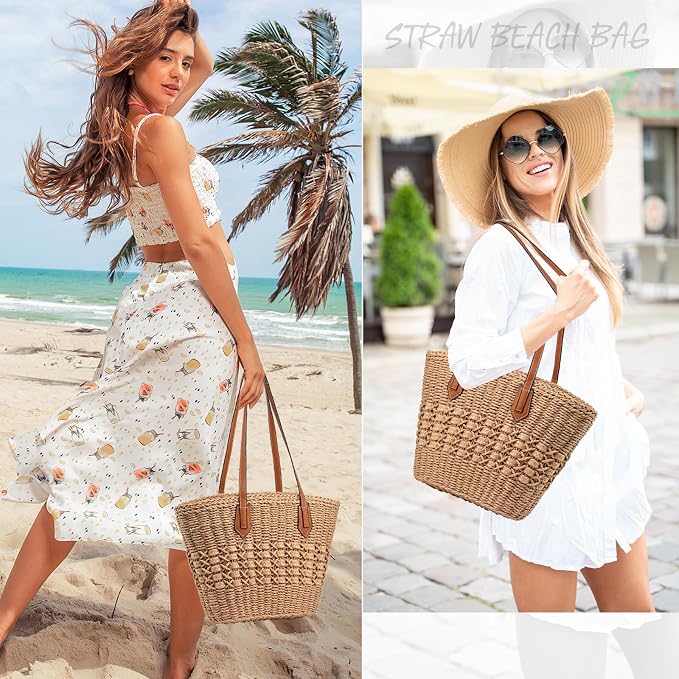 Straw Beach Bags for Women Woven Beach Tote Bag Casual Boho Large Shoulder