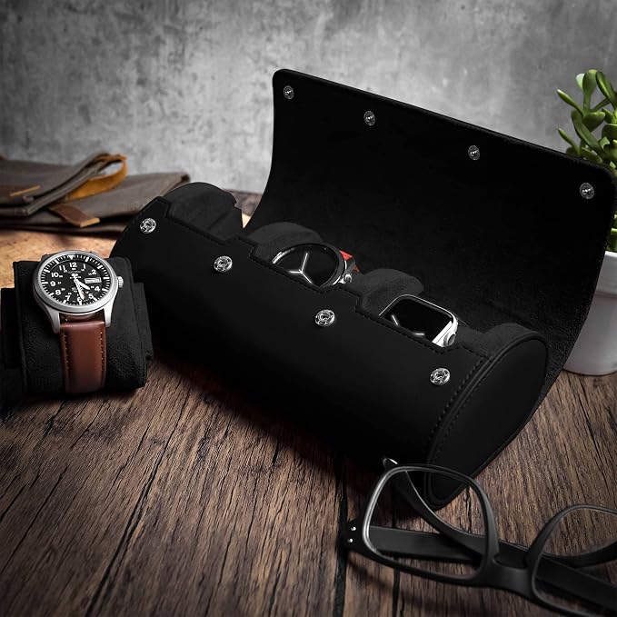 Barton Leather Watch Roll for 3 Watches | Convenient Organizer Case for Travel