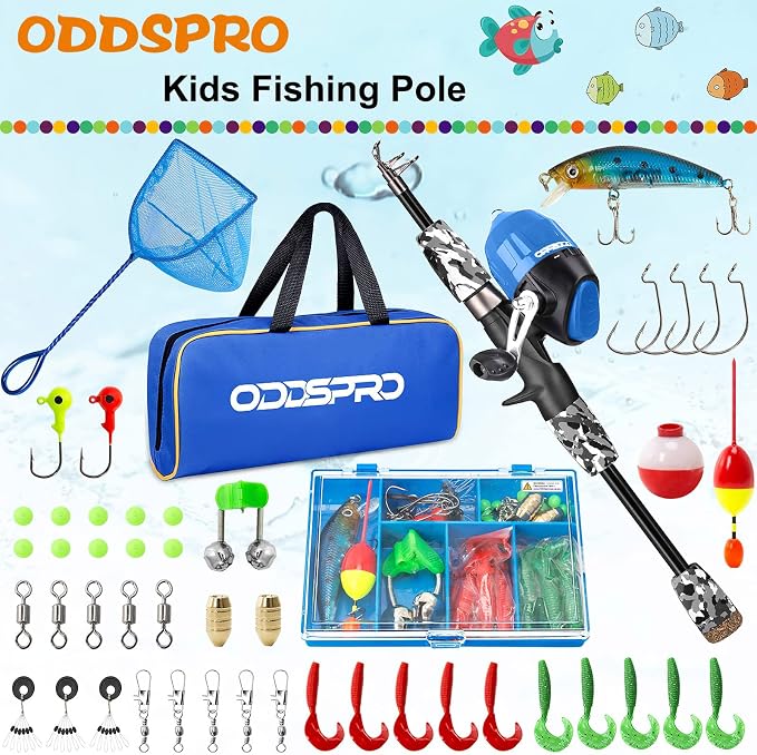 ODDSPRO Kids Fishing Pole Pink, Portable Telescopic Fishing Rod and Reel Combo
