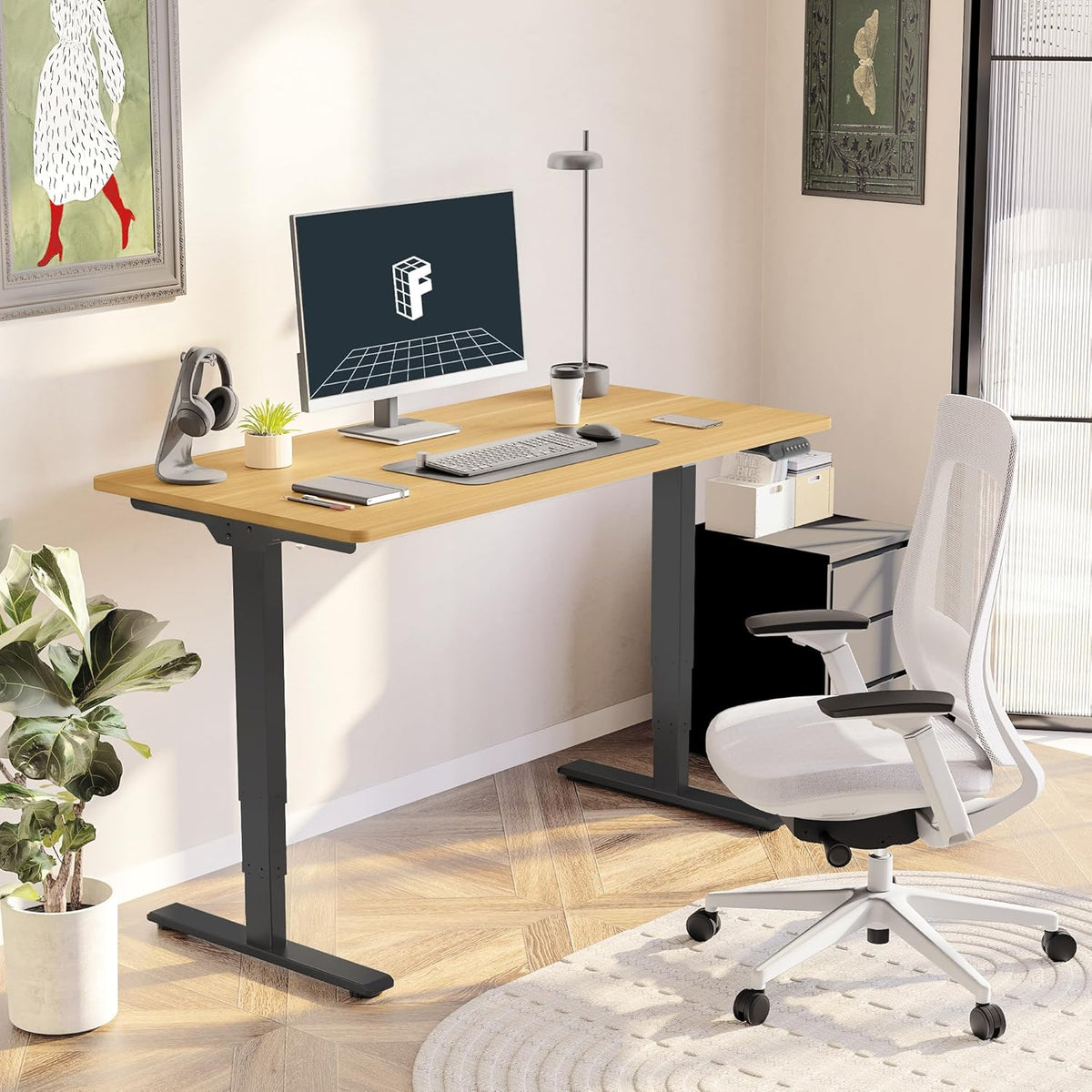 FLEXISPOT E6 Essential Standing Desk 3 Stages Dual Motor Electric 60x24 Inch Whole-Piece Board Height Adjustable Electric Sit Stand Desk(Black Frame + Maple Desktop, 2 Packages)