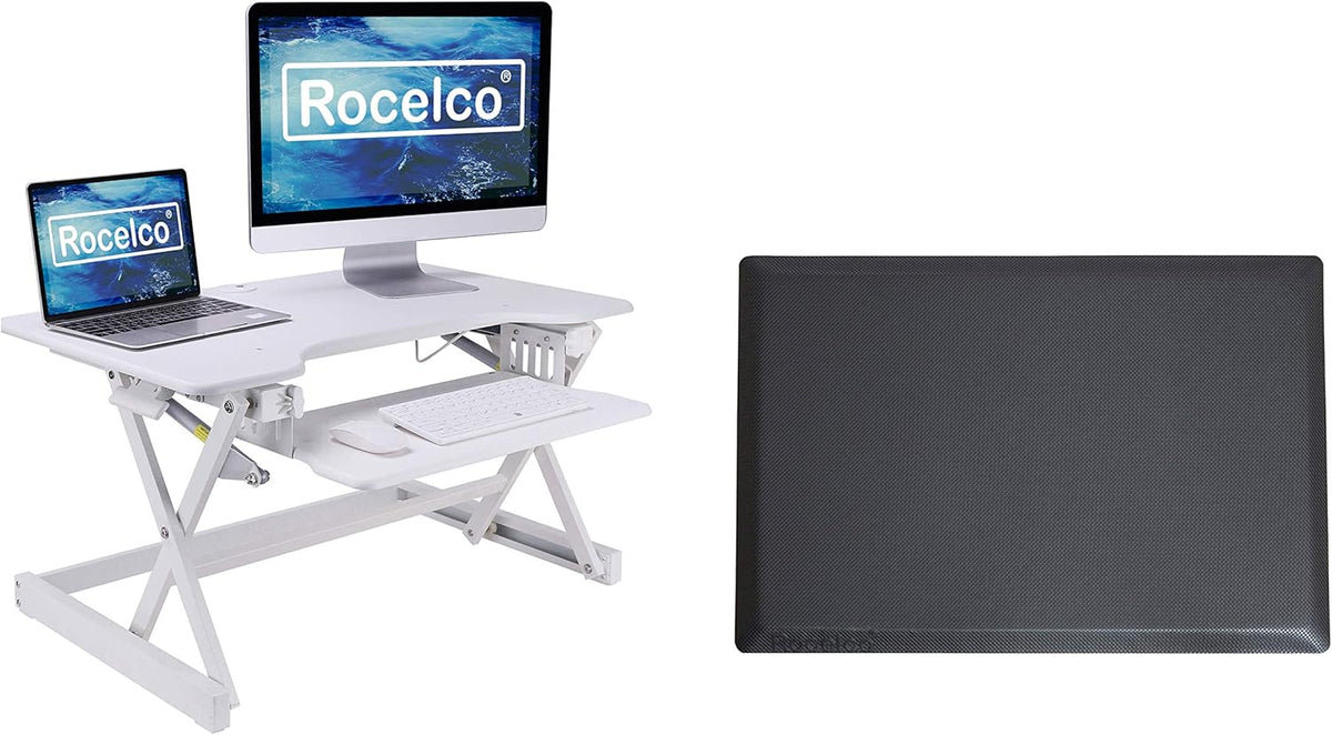 Rocelco 32" Height Adjustable Standing Desk Converter BUNDLE - Sit Stand Computer Workstation Riser with Anti Fatigue Mat - Dual Monitor Retractable Keyboard Tray Gas Spring - Black (R EADRW-MAFM)
