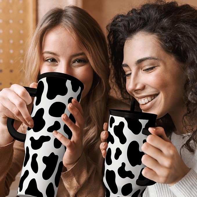 SANDJEST Cow Tumbler with Handle 40oz, Cow Print Cup Stainless Steel Tumblers Coffee Travel Cups with Slider Lid, Cow Gifts for Women Birthday Christmas Mothers Day