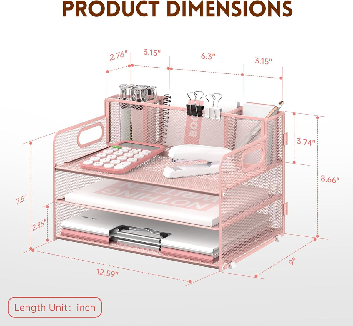 SUPEASY 3 Tier Desk Organizer with Handle & 3 Pen Holders, Mesh Paper/File Organizer for Desk, Paper Letter Tray Organizer for Office Supplies (Cute Pink)