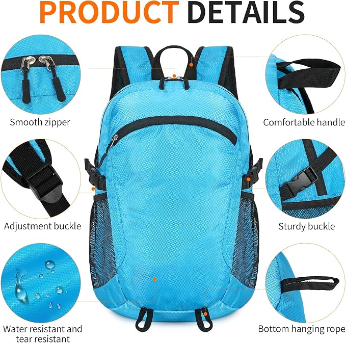 Small Hiking Daypack, 15L Waterproof Hiking Backpack Packable Lightweight