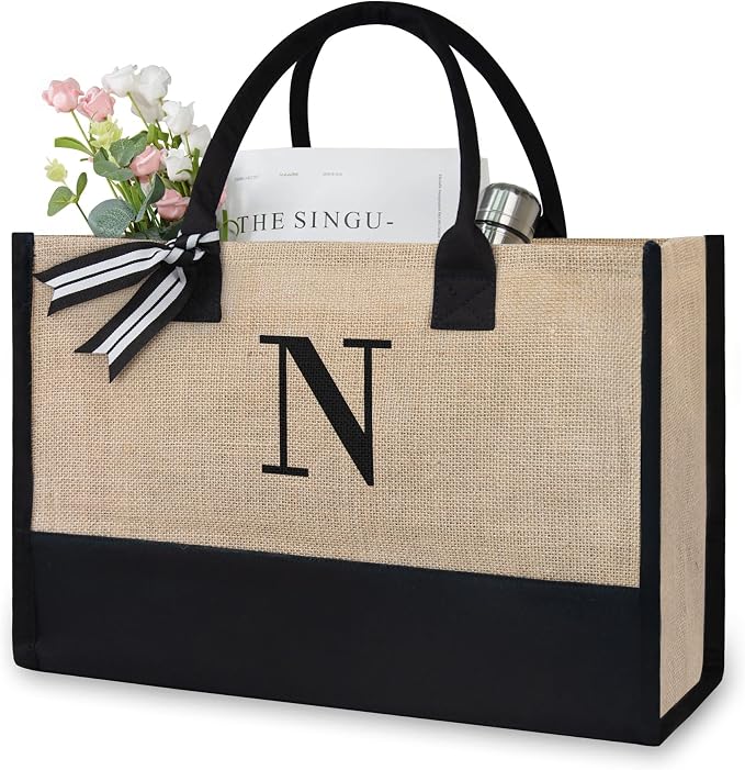 TOPDesign Initial Jute/Canvas Tote Bag, Personalized Present Bag, Suitable