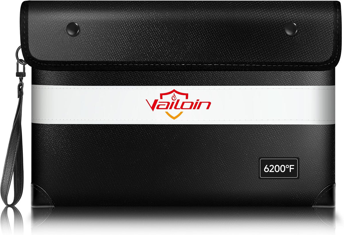 Vailoin 6200℉ Insulated Fire Proof Money Bag for Cash,Portable Waterproof Fireproof Document Bag with Reflective Strip,Fireproof Envelope for Cash,Important Documents,Valuables(11"x7.7", Black)