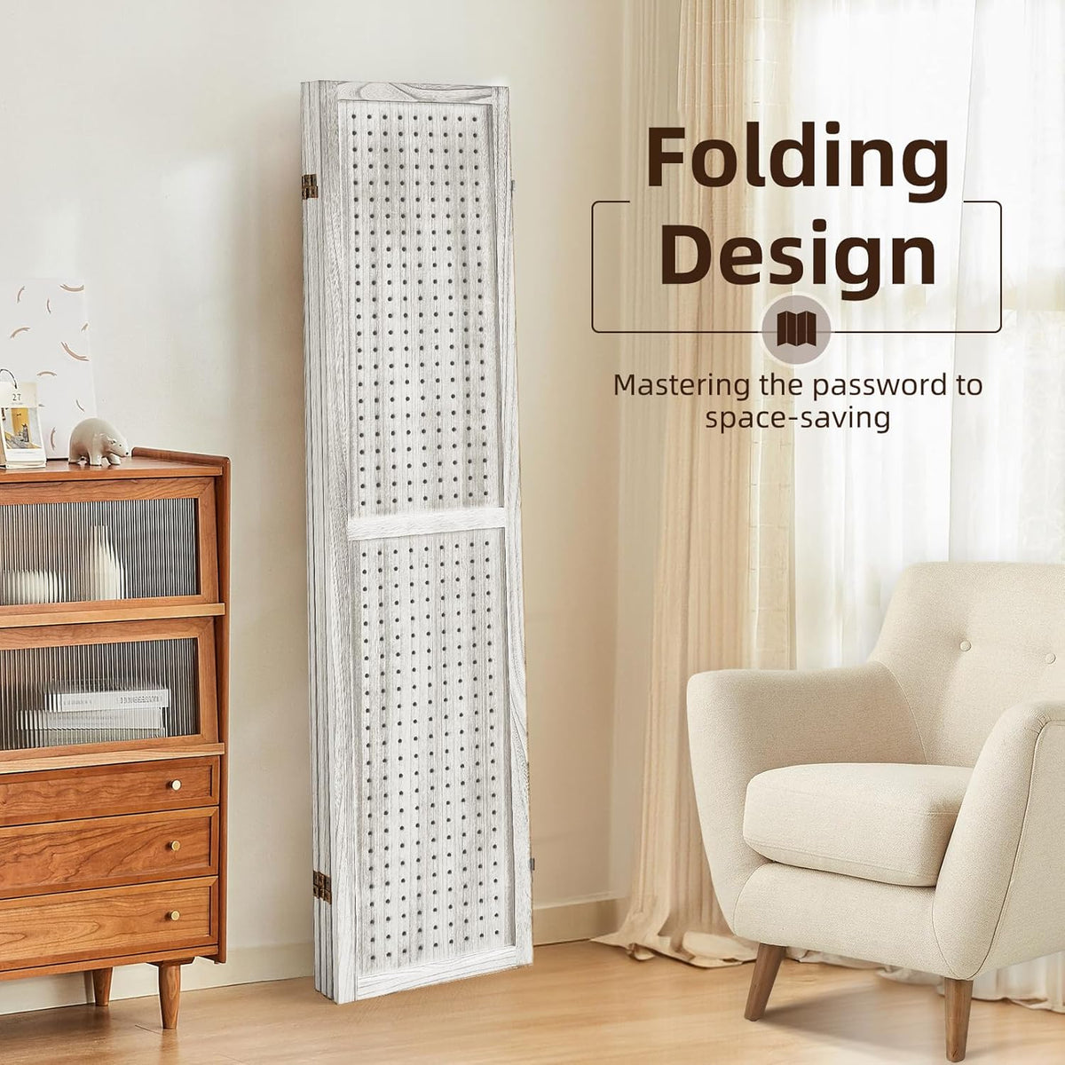 4 Panel Pegboard Display with 16 Hooks, Wooden Room Divider Wall and Folding Privacy Screens, Privacy Dividers for Rooms, Pegboard Room Divider, Jewelry Store, Retail Store, Bedroom, White