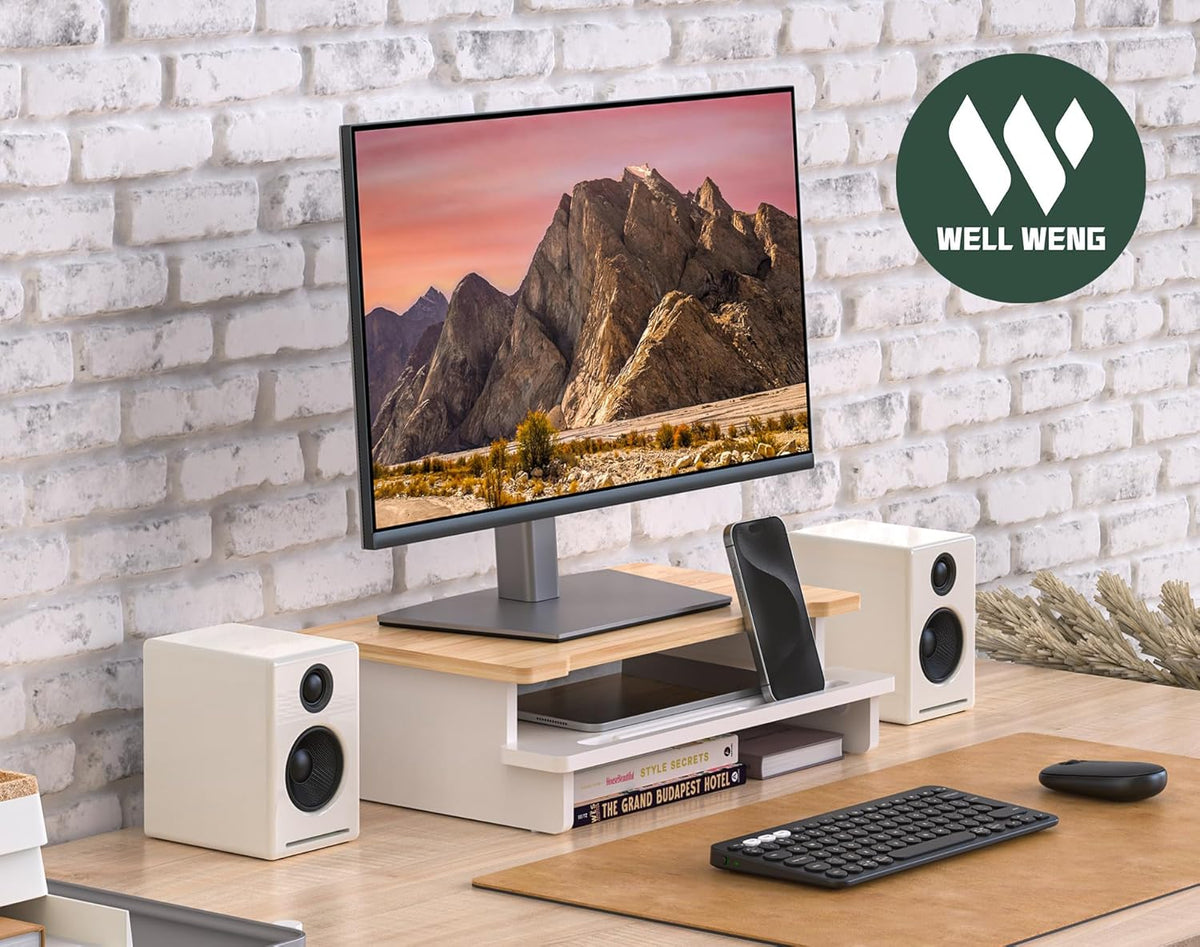 Monitor Stand Monitor Stand Riser for Desk,Wood Desk Shelf Storage Organizer with Phone Tablet Holder (16.5 Inch, White & Natural Bamboo)