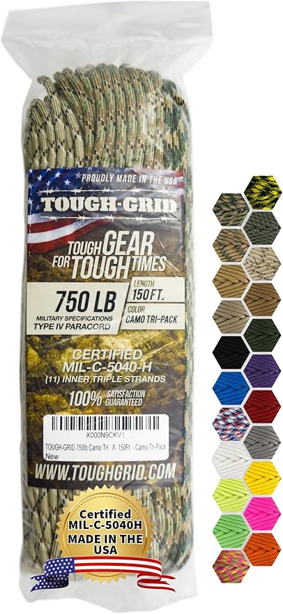 TOUGH-GRID 750 Paracord Rope Nylon Parachute Cord, Made in USA Survival Kit