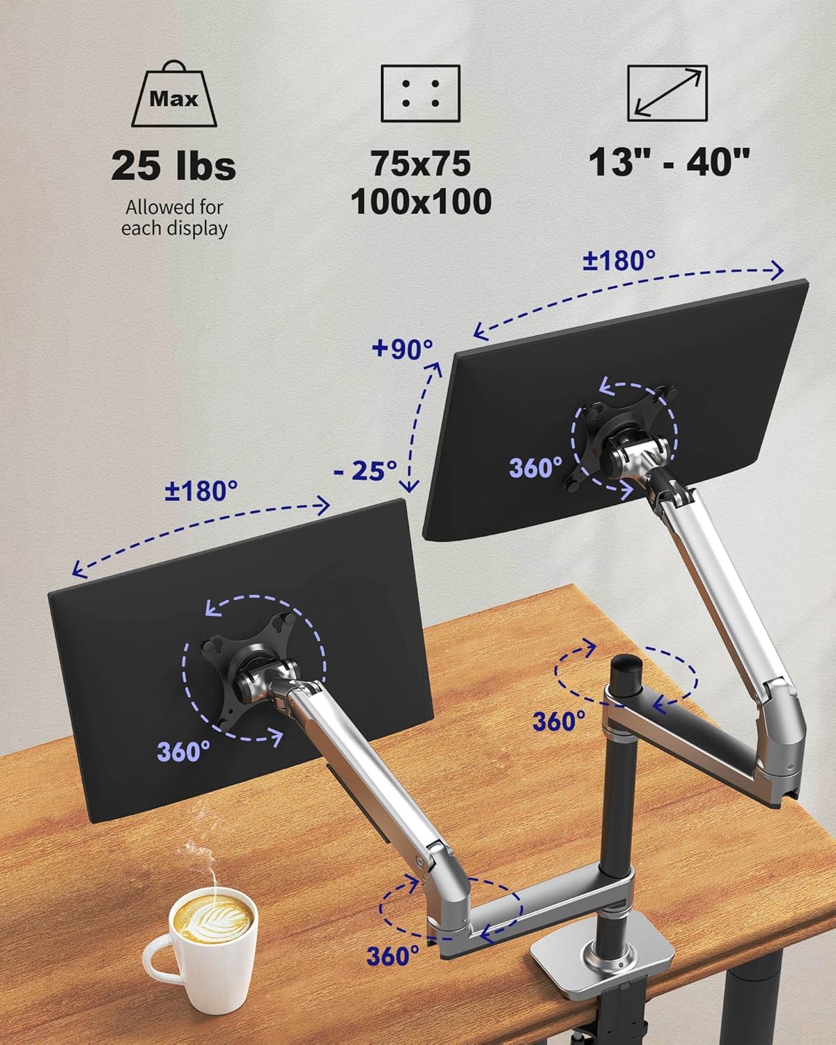 Dual Monitor Mount, Holds Screens up to 40 Inches and 25 lbs, Fully Adjustable Dual Monitor Arm with C-Clamp and Grommet Base, Aluminum, Silver