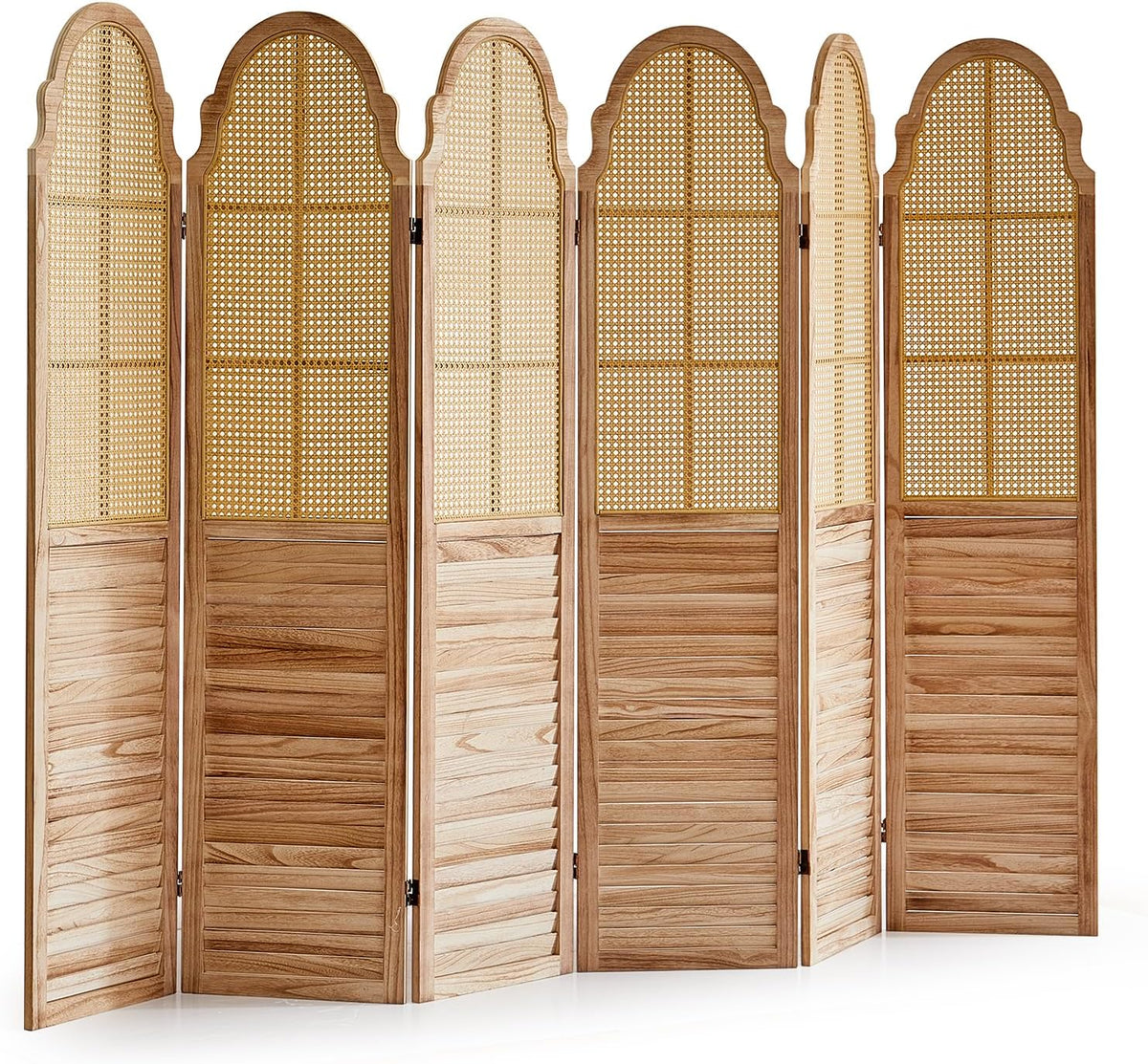 6 Panel Rattan Folding Screen Room Divider, Privacy Dividers for Rooms, Louvered Partition Dividers, Room Divider Panel for Bedroom, Dressing Room, Balcony, Light Brown