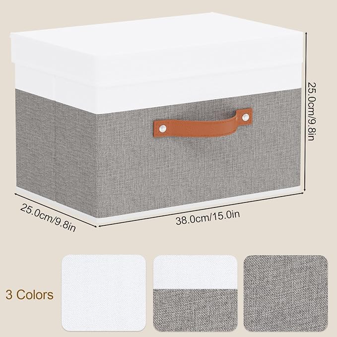 Fabric Storage Bins with Lids, 3 Pack Linen Foldable Cloth Baskets, 15 x 9.8 x