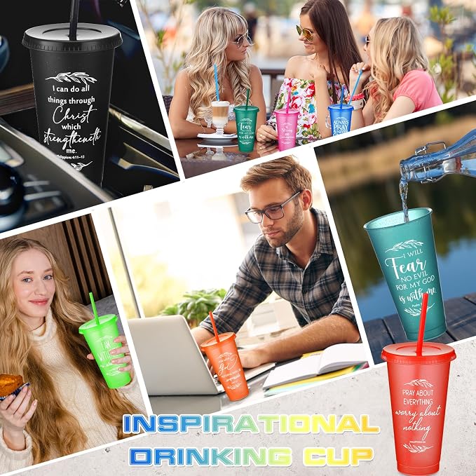 Havawish 24 Pcs Mothers Day Christian Tumbler Gift Bulk Religious Inspirational 24 oz Drinking Jesus Cup with Lid Straw Bible Verse Plastic Cup for Church Father Teacher First Communion (Colour)