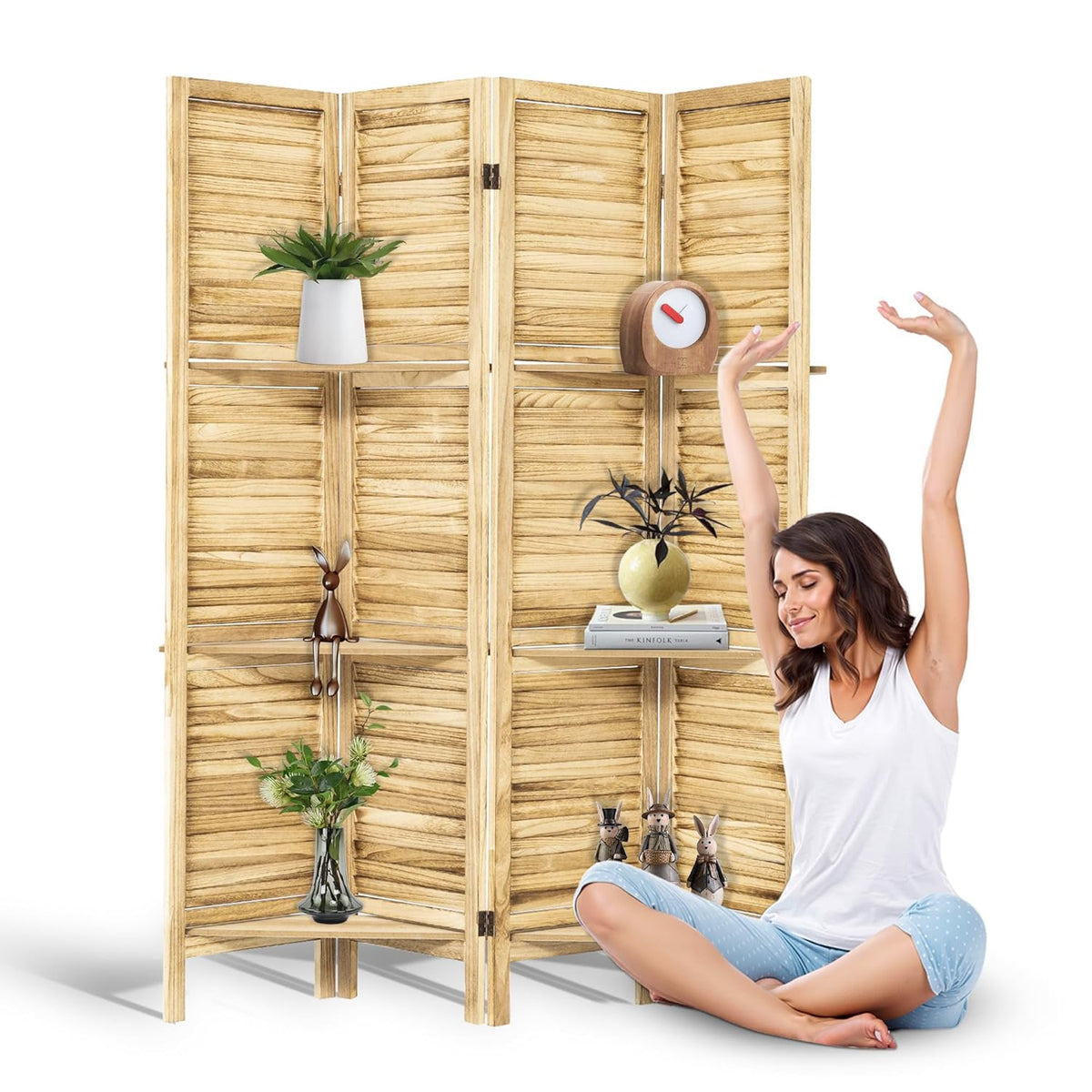 4 Panel Room Divider with Shelves, 5.6FT Folding Room Divider Screen, Free Assembled Freestanding Partition for Home Office Bedroom, Wood