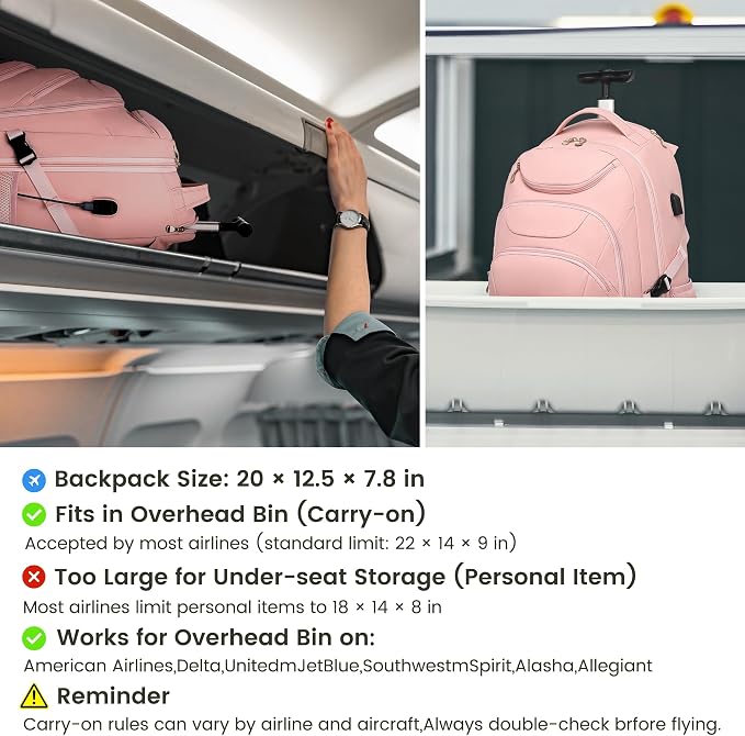 Boavan Rolling Backpack for Women, 17.3 Inch Wheeled Laptop Backpack, Large