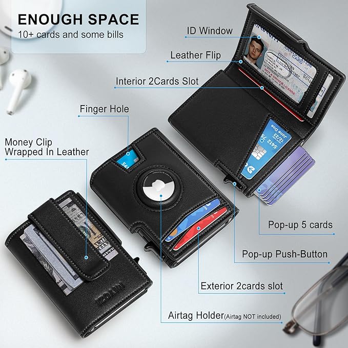 Airtag Wallet for Men, with Money Clip 10 Cards Metal Case Smart Slim Pop Up