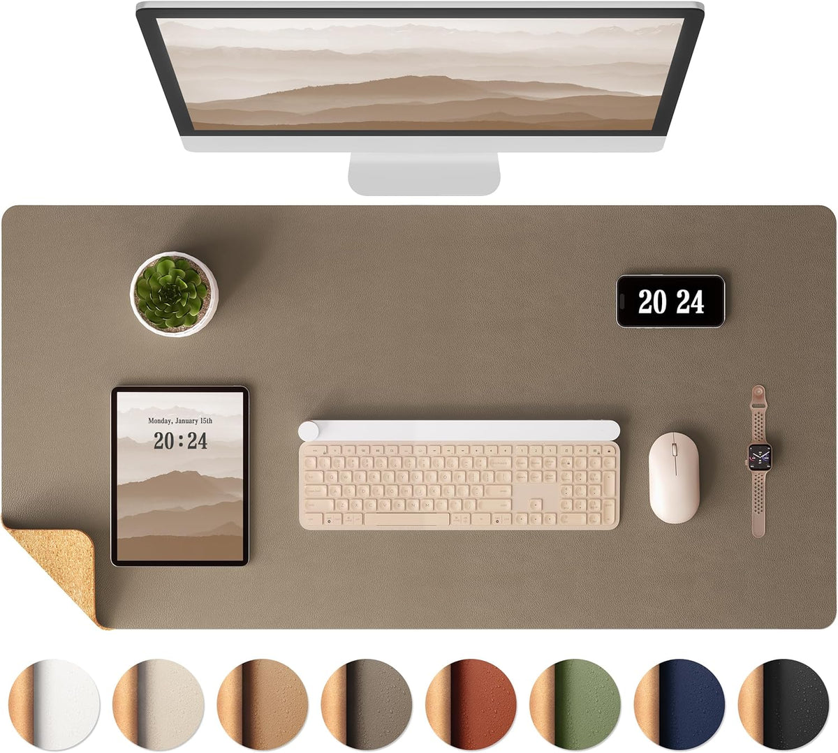 Aothia Dual-Sided Desk Pad - Leather Desk Mat, Natural Cork Desk Pad Protector, Large Mouse Pad for Desk, Waterproof Desk Blotter Pad, Desk Writing Pad for Office Work/Home, Coffee (35.4" x 15.7")