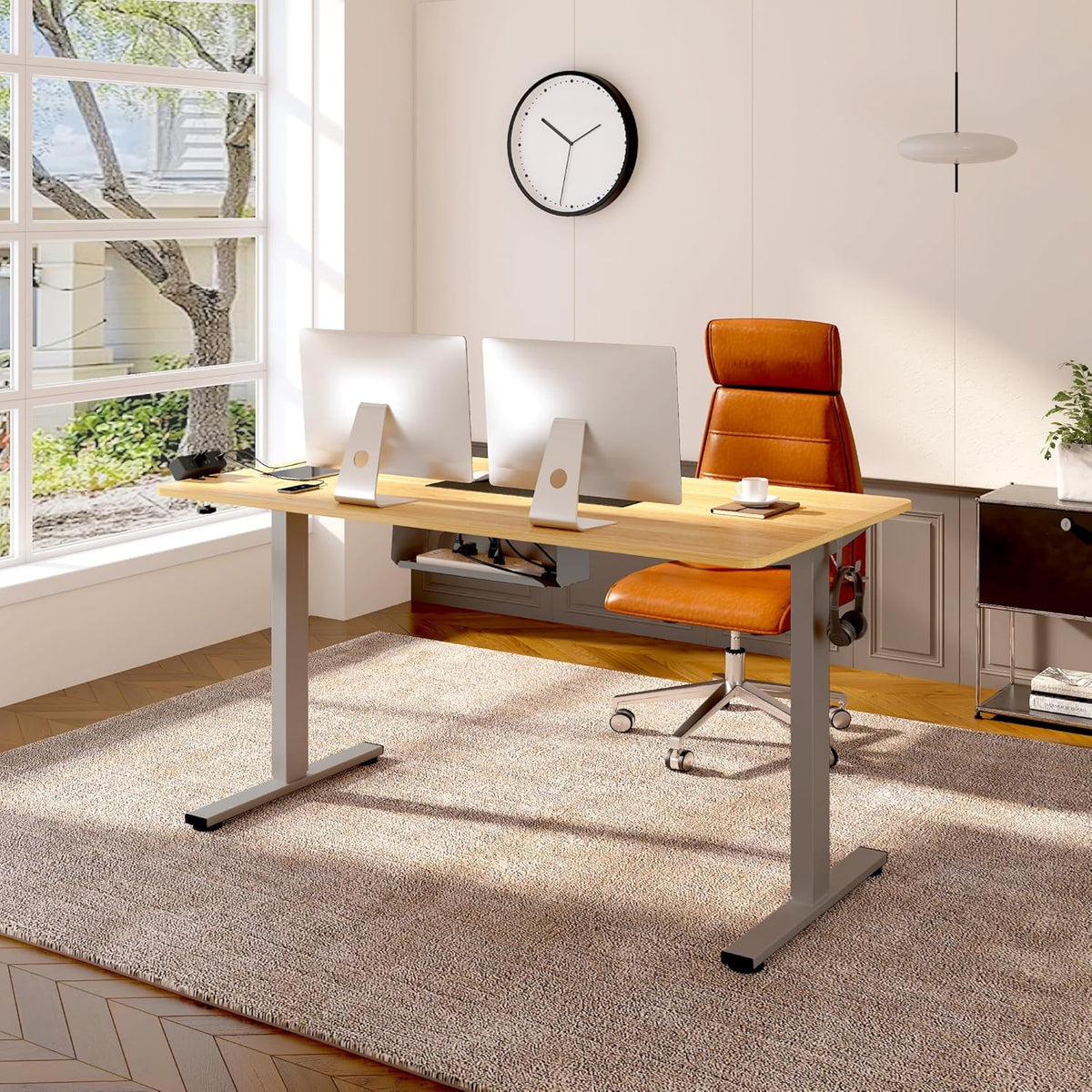FLEXISPOT EN2 Whole-Piece Standing Desk with Clamp Power Strip, 55 x 28 Electric Stand Up Height Adjustable Desk with Cable Management (Gray Frame + 55" Maple Top, 2 Packages)