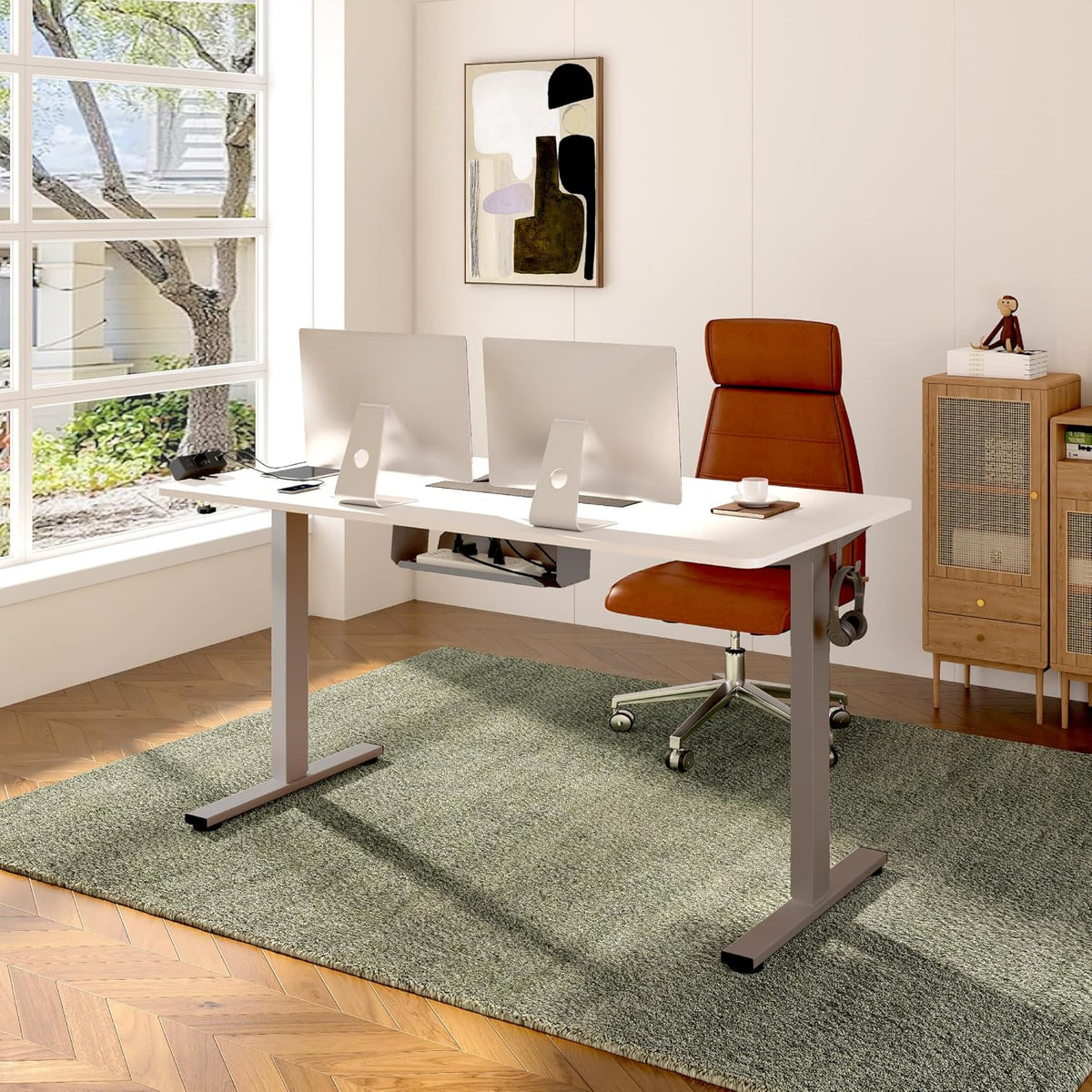 FLEXISPOT EN2 Whole-Piece Standing Desk with Clamp Power Strip, 48 x 30 Electric Stand Up Height Adjustable Desk with Cable Management (Gray Frame + 48" White Top, 2 Packages)
