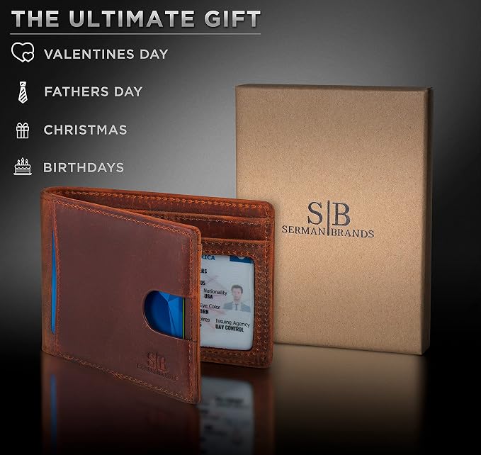 SERMAN BRANDS RFID Blocking Slim Bifold Genuine Leather Thin Minimalist Front
