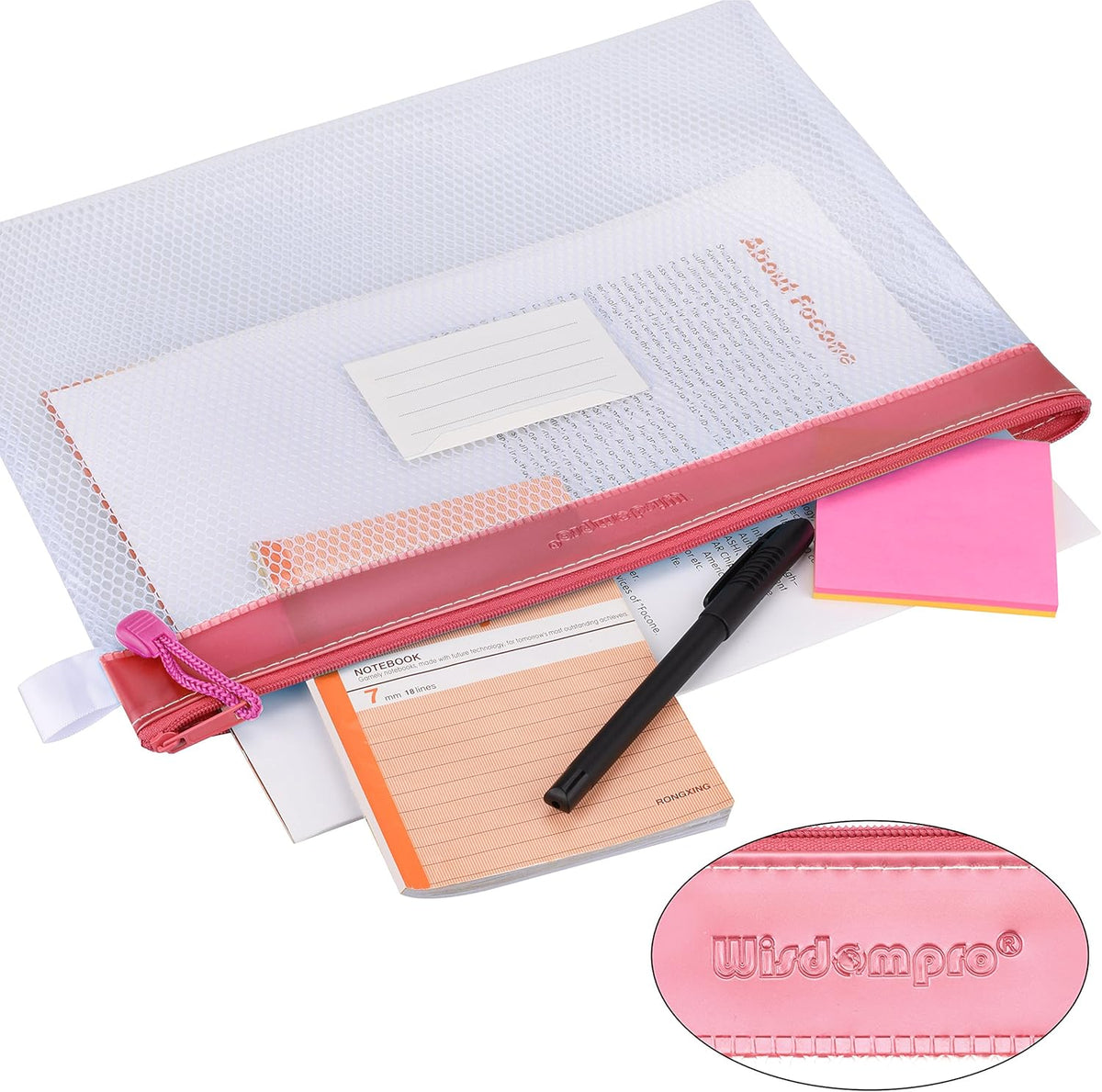 Zipper Pouch, Wisdompro 4 Packs Durable Letter Size Waterproof Mesh File Bag, Document Organizer - Pink