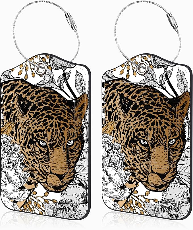 Leopard and Peony Flower Set of 2 Luggage Tags