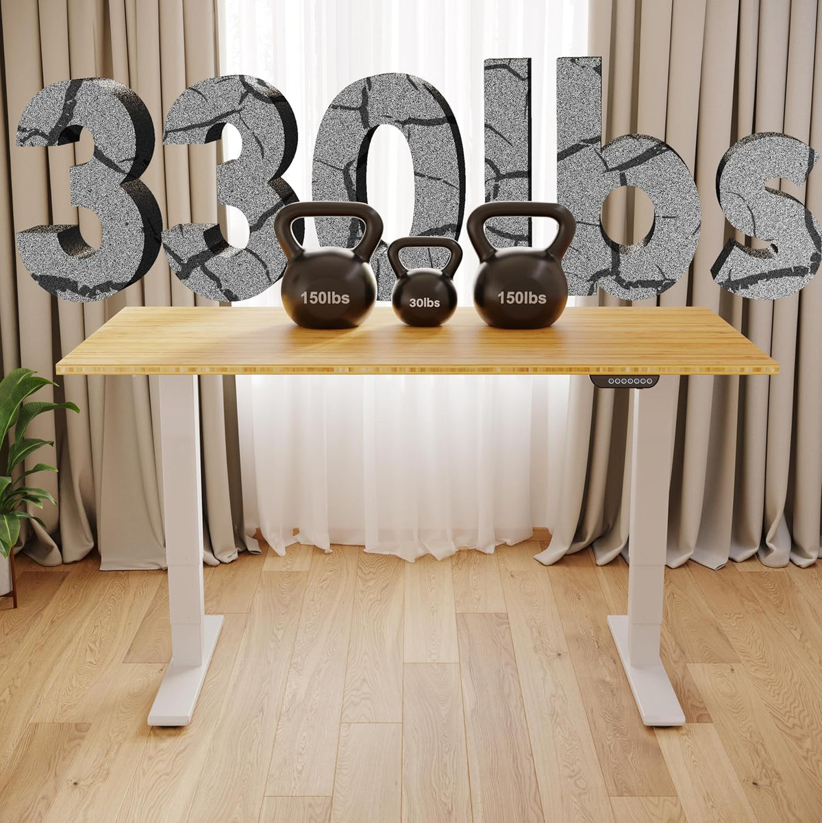 FLEXISPOT E6 MAX Bamboo Dual Motor 3 Stages Standing Desk 55x28 Inch Whole-Piece Board Electric Height Adjustable Stand Up Desk 150KG Load Capacity(White Frame + Bamboo Desktop)
