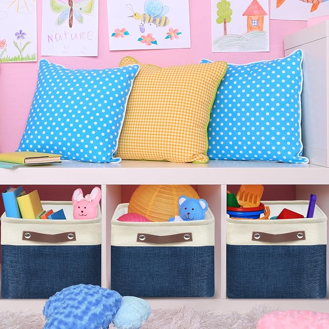 SIMPLE HOUSEWARE Large Fabric Storage Bin, 3 Pack, Steel Blue