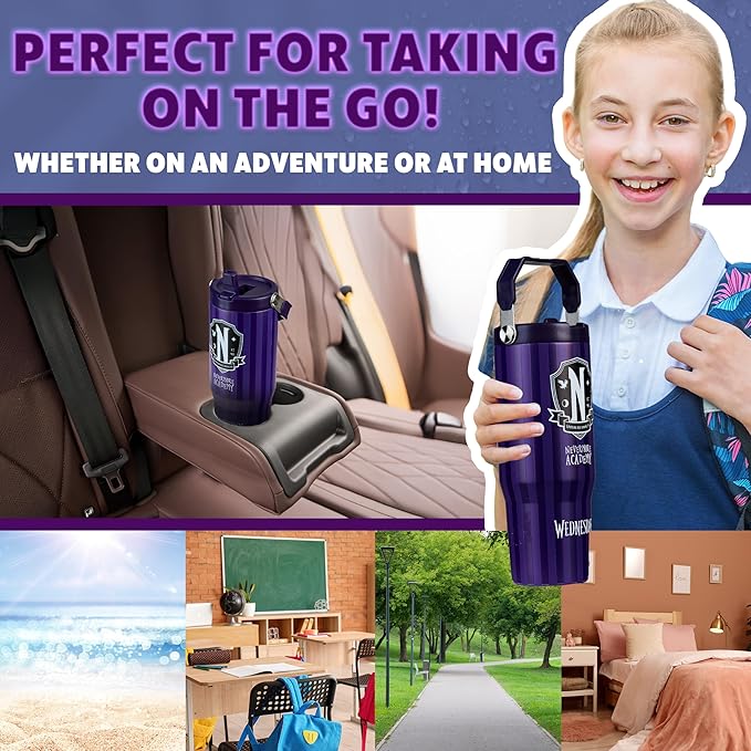 Get Trend Wednesday Tumbler with Straw 30oz Girls Teens Insulated Cup with Lid Handle Travel Mug Cups with Lids for School Sports Gifts for Girls (Purple Wednesday)