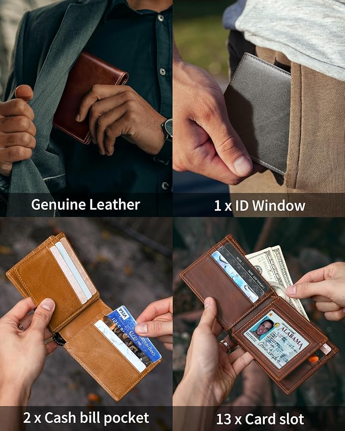 Mens Wallet Bifold Genuine Leather RFID Blocking Wallet