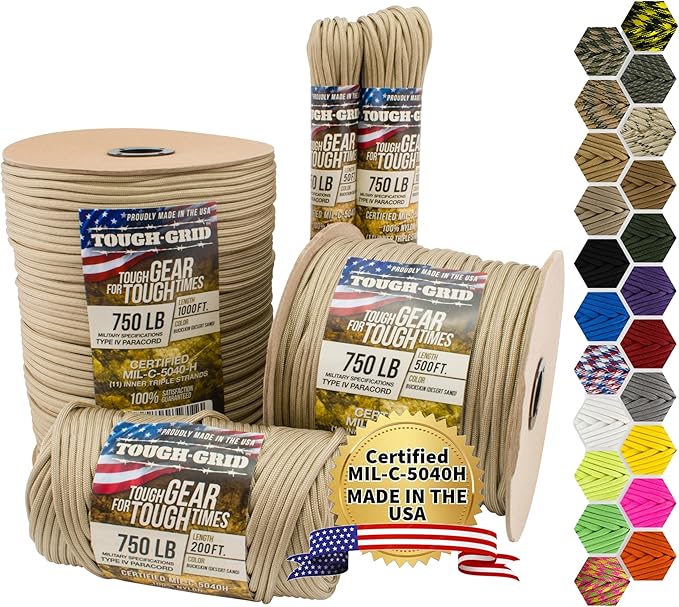 TOUGH-GRID 750 Paracord Rope Nylon Parachute Cord, Made in USA Survival Kit