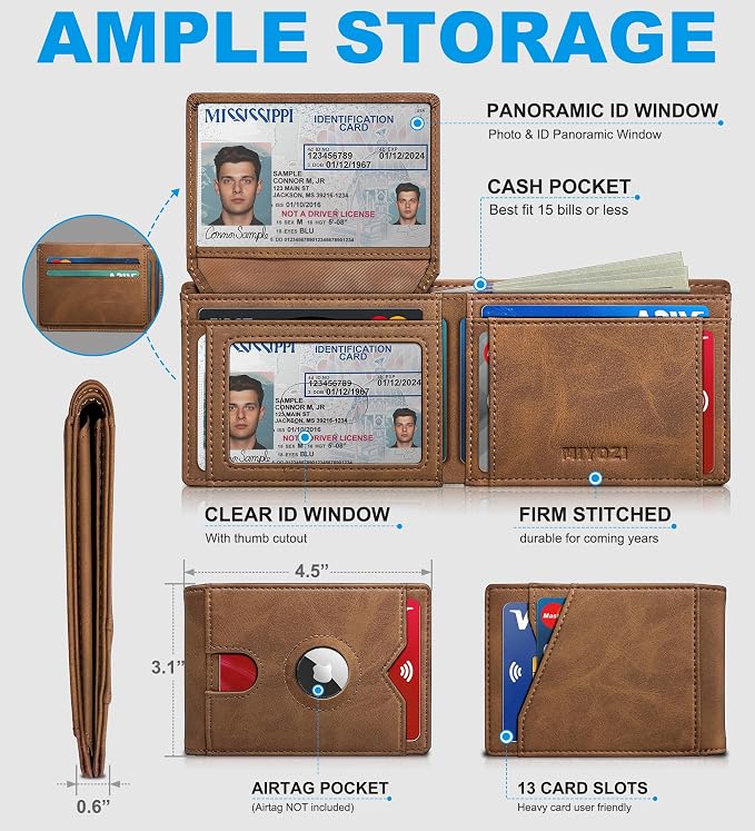 Airtag Wallet for Men, with Cash Pocket 2 ID Window 13 Cards, Slim Leather