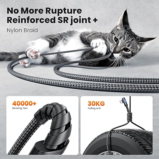 USB C Cable 10ft 100W Right Angle Fast Charging Cord, Nylon Braided USB 2.0
