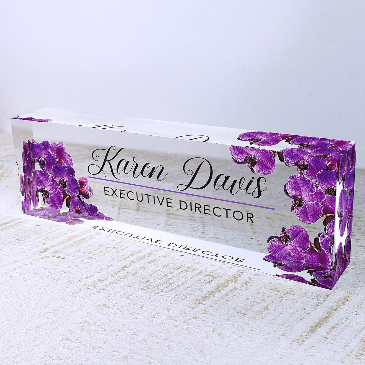 Artblox Office Desk Name Plate Personalized | Custom Name Plates for Desks | Purple Orchid Design On Clear Acrylic Glass | Office Desk Decor - (8" x 2.5")