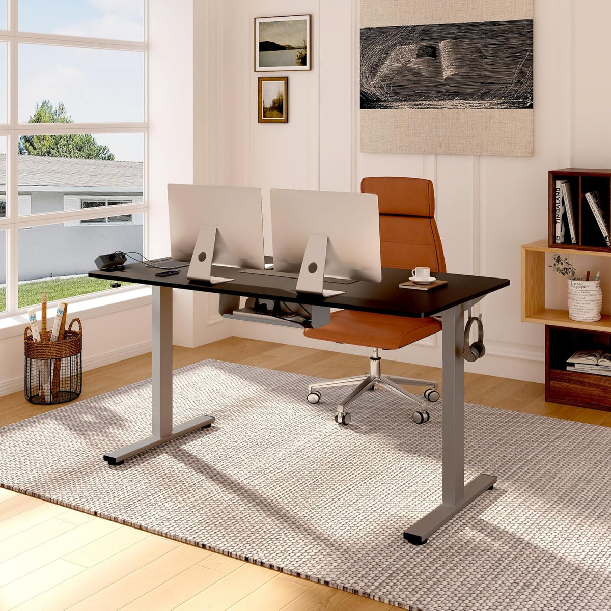 FLEXISPOT EN2 Whole-Piece Standing Desk with Clamp Power Strip, 40x24'' Electric Stand Up Height Adjustable Desk with Cable Management (Gray Frame + Black Top, 2 Packages)
