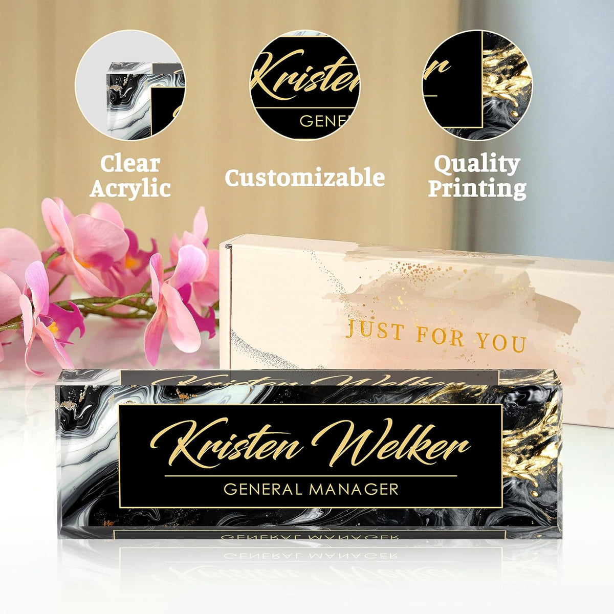 Custom Desk Name Plate Personalized, Acrylic Name Plate for Desk, Office Desk Decor for Women and Men, Employee Appreciation Gifts Office Gifts for Boss, Manager, Teacher, Nurse (deep Marble)