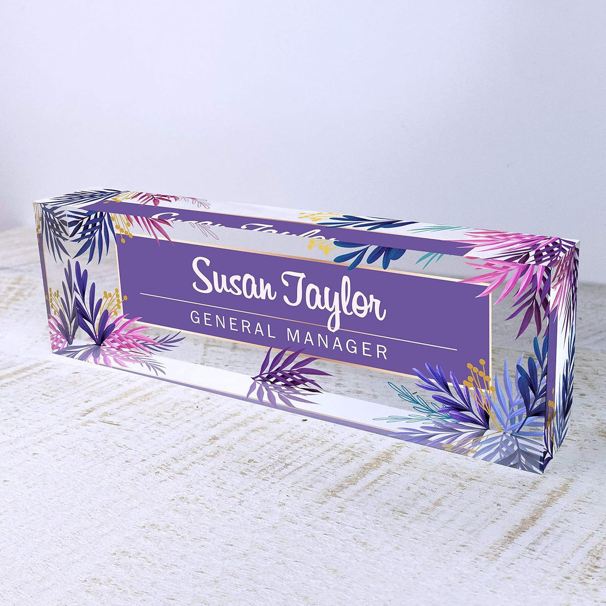 Artblox Office Desk Name Plate Personalized | Custom Name Plates for Desks | Purple Leaf Design On Clear Acrylic Glass | Office Desk Decor - (8" x 2.5")