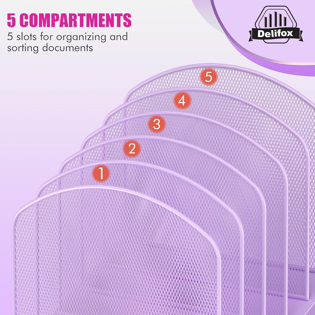 Inclined Desk File Organizer, 5-Section Vertical File Folder Holder Stand Metal Rack File Sorter for Office Classroom Desktop Organization (Purple, 2Pack)
