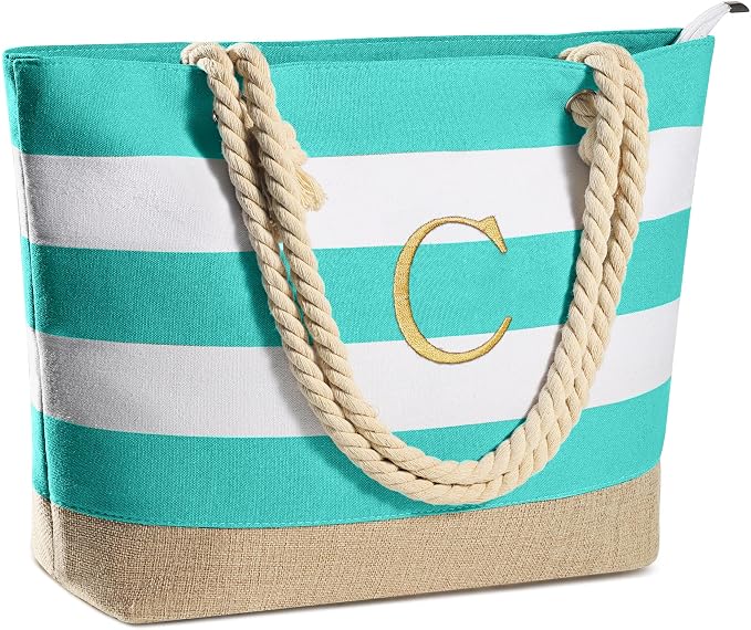 YOOLIFE Initial Canvas Waterproof Beach Tote Bag Zipper Personalized Gifts