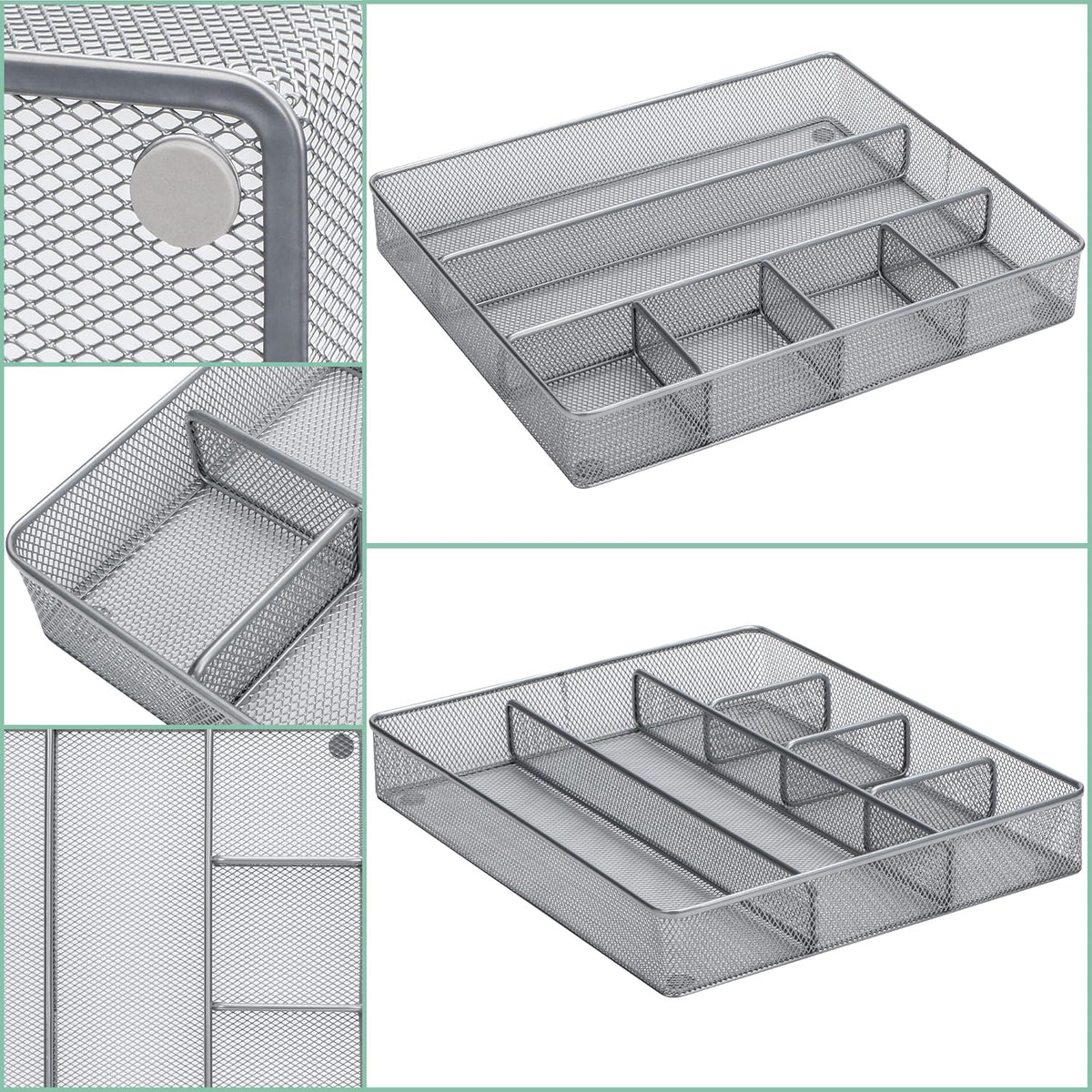 Annova Desk Top Organizer Tray for Office Organization - Metal Mesh - Storage Tray with Dividers for Pens, Desktop Accessories, Bathroom, Kitchen, Makeup and Office Supplies (Large, Silver)