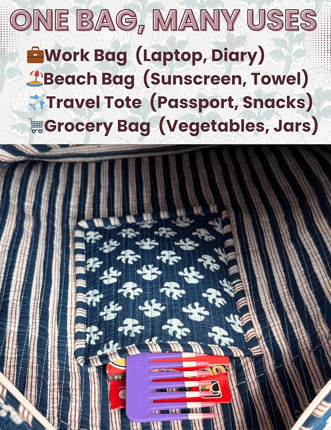 Cotton Quilted Tote Bag for Women – Large Beach & Travel Tote