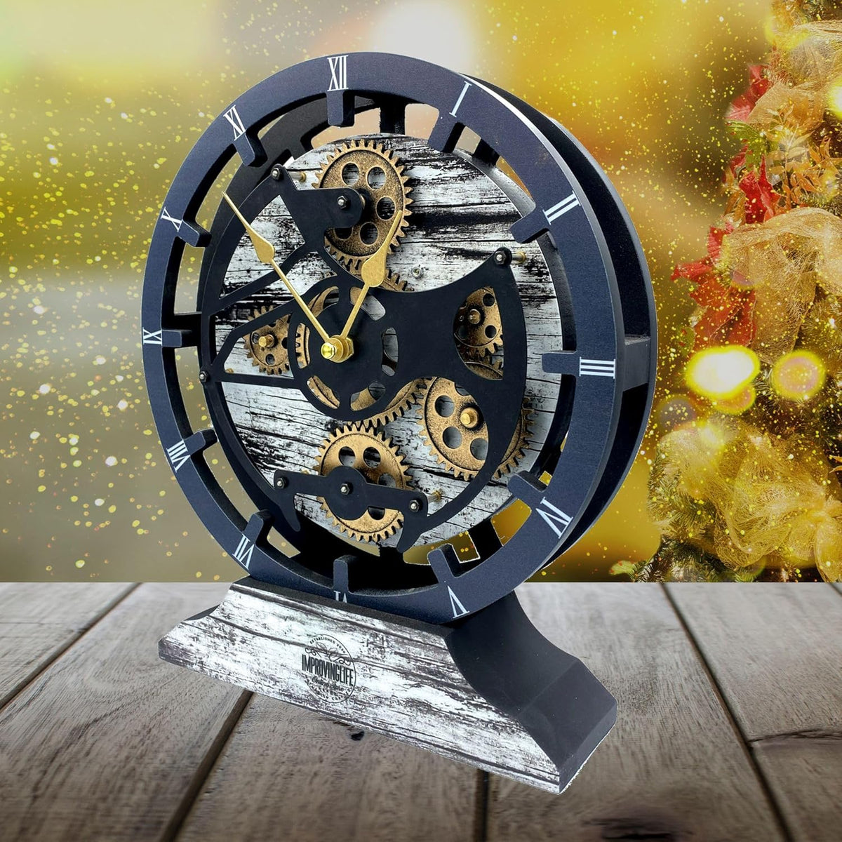 The Gears Clock Desk Clock 10 inches with Real Moving Gears Convertible into Wall Clock (Grey & White)