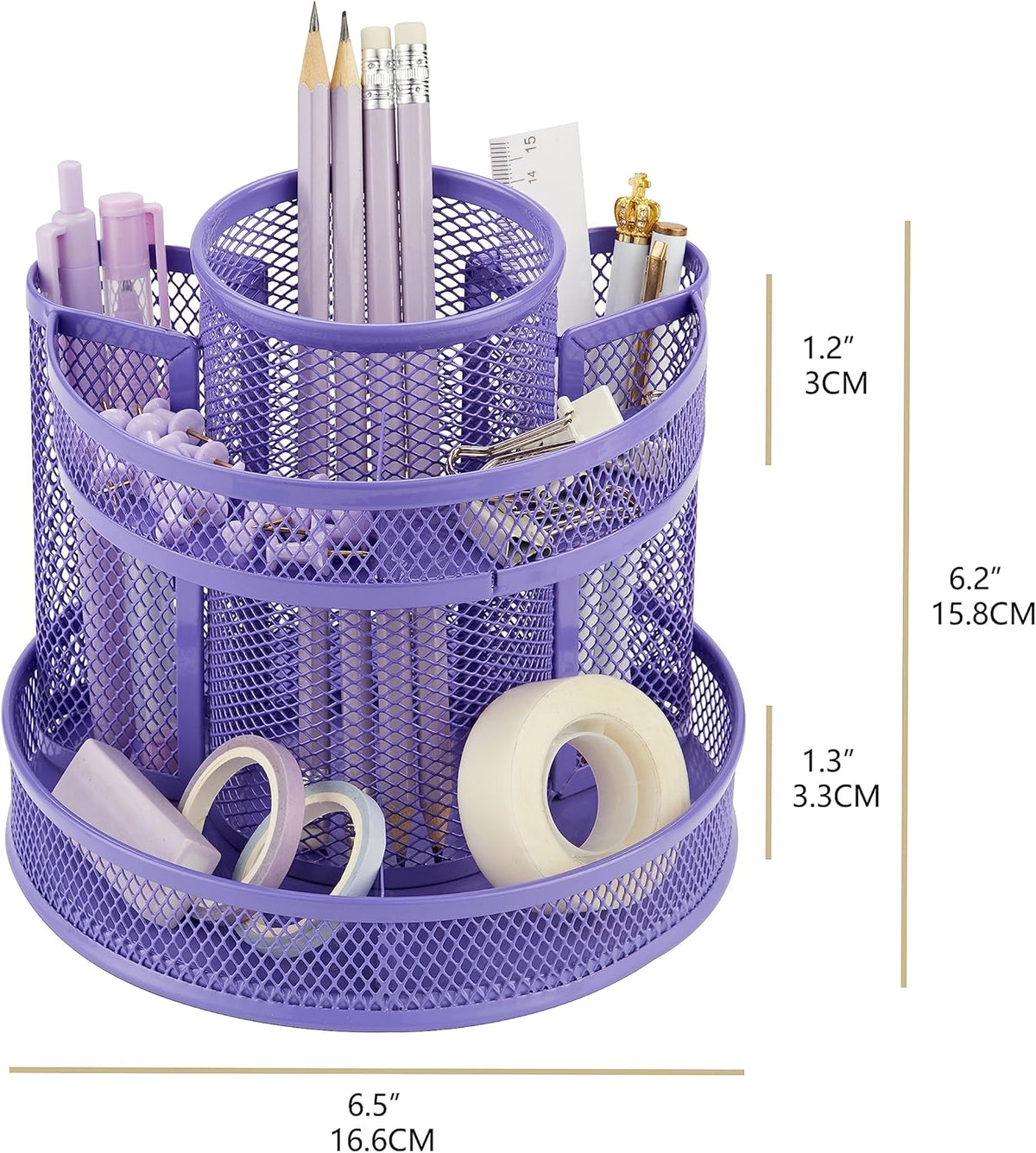 Annova Mesh Desk Organizer Rotate with 5 Compartments Round Spinning Tidy Candy/Pen Holder Desk Accessories Office, Art Supply, Storage, Classroom, Home (Purple)