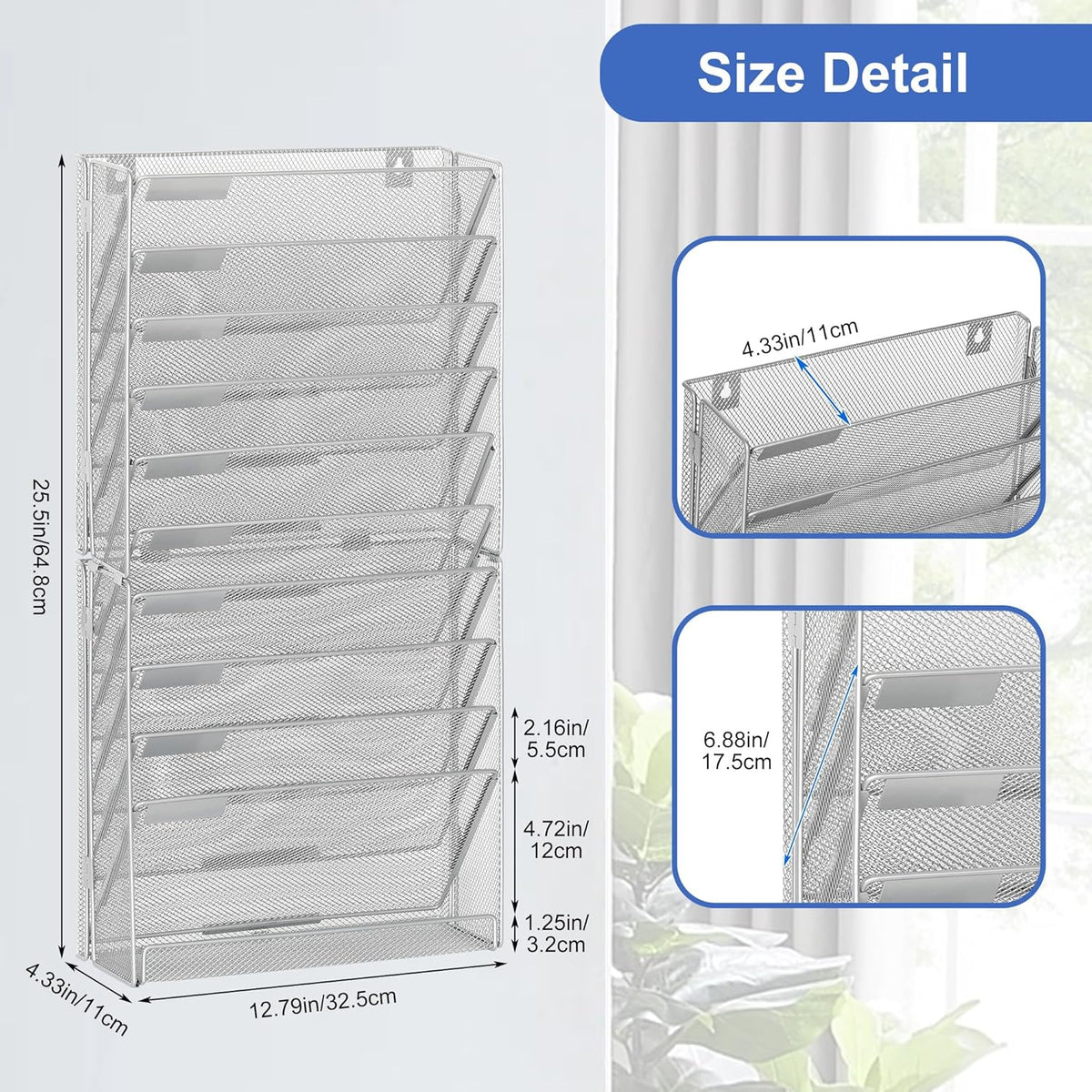 EasyPAG Wall File Holder Organizer 11 Tier Mesh Hanging Wall Mounted Document Paper Folder Filing Magazine Rack with Nametag Label for Office Home School, Silver