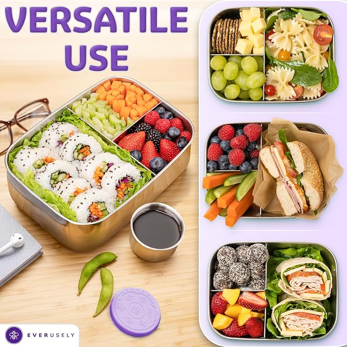 Everusely - Bento Box - Lavender, 60oz / 1.8 L - Stainless Steel Lunch Box - 3