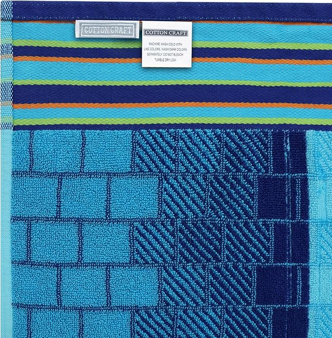 COTTON CRAFT Hooded Beach Towel – Oversized 35 x 70 Towel with Hood for Adults - 100% Cotton Velour Terry Jacquard Towel - Pool Bath Wrap - 450 GSM Soft Absorbent Quick Dry – Blue Tiles