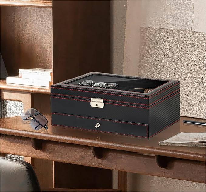 Watch Jewelry Box Organizer, 6-Slot 2-Layer Watch Case and Sunglasses Storage