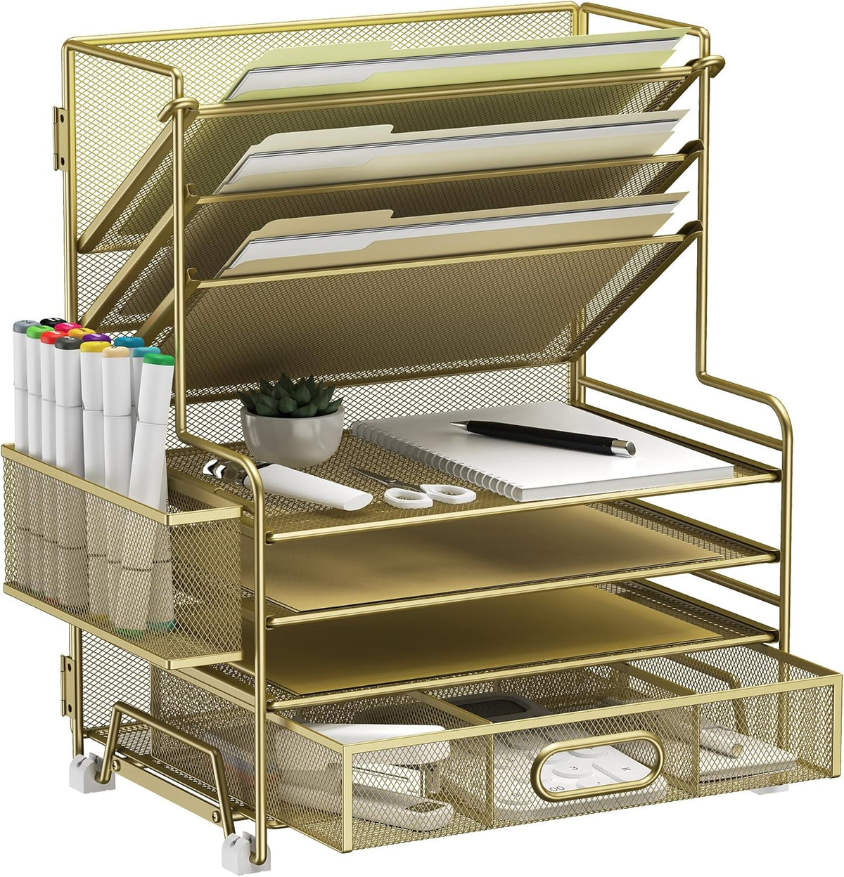 4-Tier Paper Organizer + 3-Pocket File Holder + Drawer + Pen Holders, Desktop File Organizers Paper Tray for Office Supplies School Classroom Organization (Gold, with Drawer & Pen Holder)